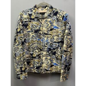 Silk Land Jacket Womens Large Blue Yellow Floral Paisley Plisse Zip Up Mock Neck